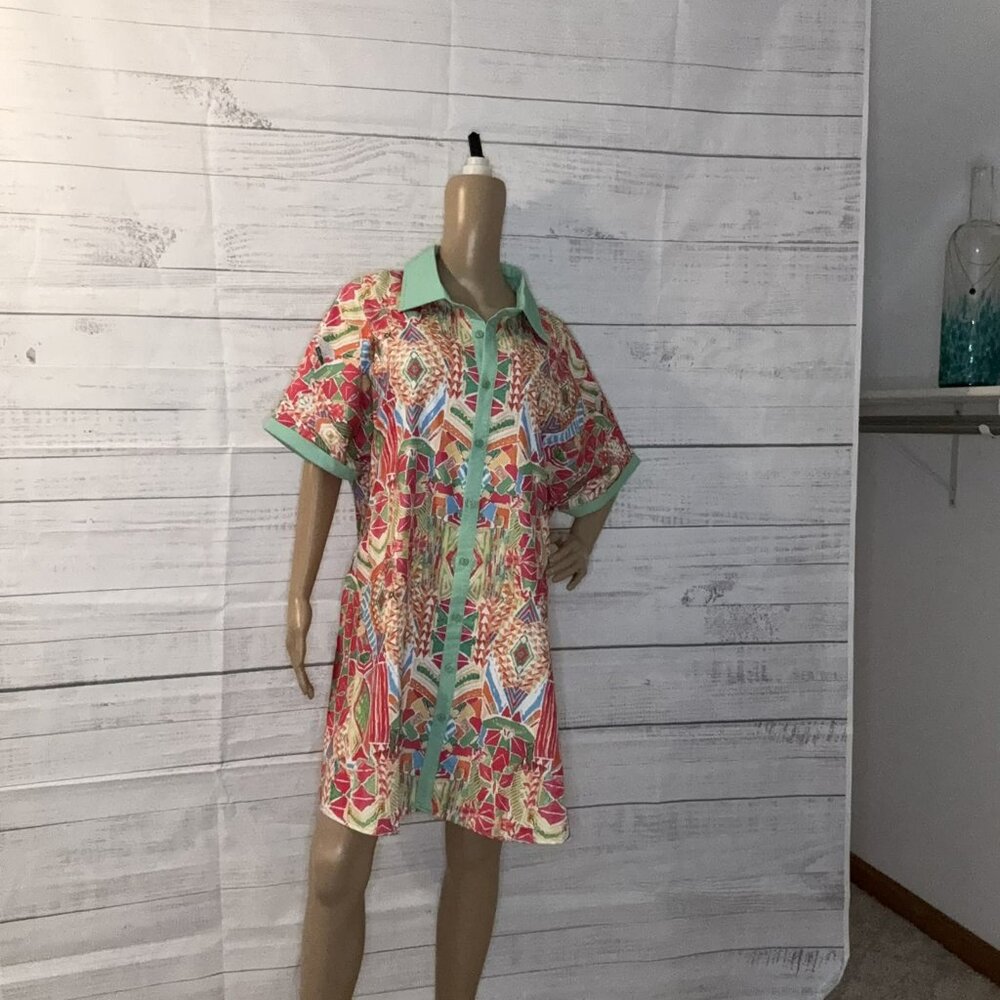 NWOT Multi-color Geometric Print Contrast Short Sleeve Shirt Dress - Picture 3 of 7